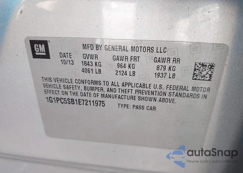 2014 Chevrolet Cruze 1Lt Auto from USA, damaged, VIN 1G1PC5SB1E7211975